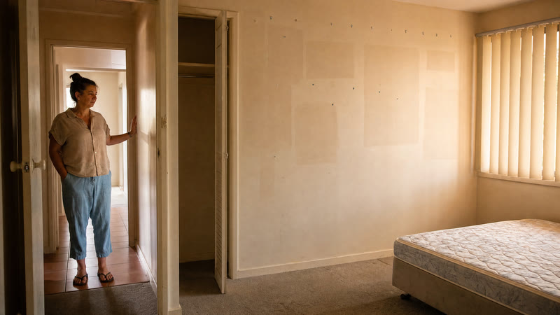 A parent in a doorway looking into an emptied childhood bedroom, pale marks on the wall where posters hung