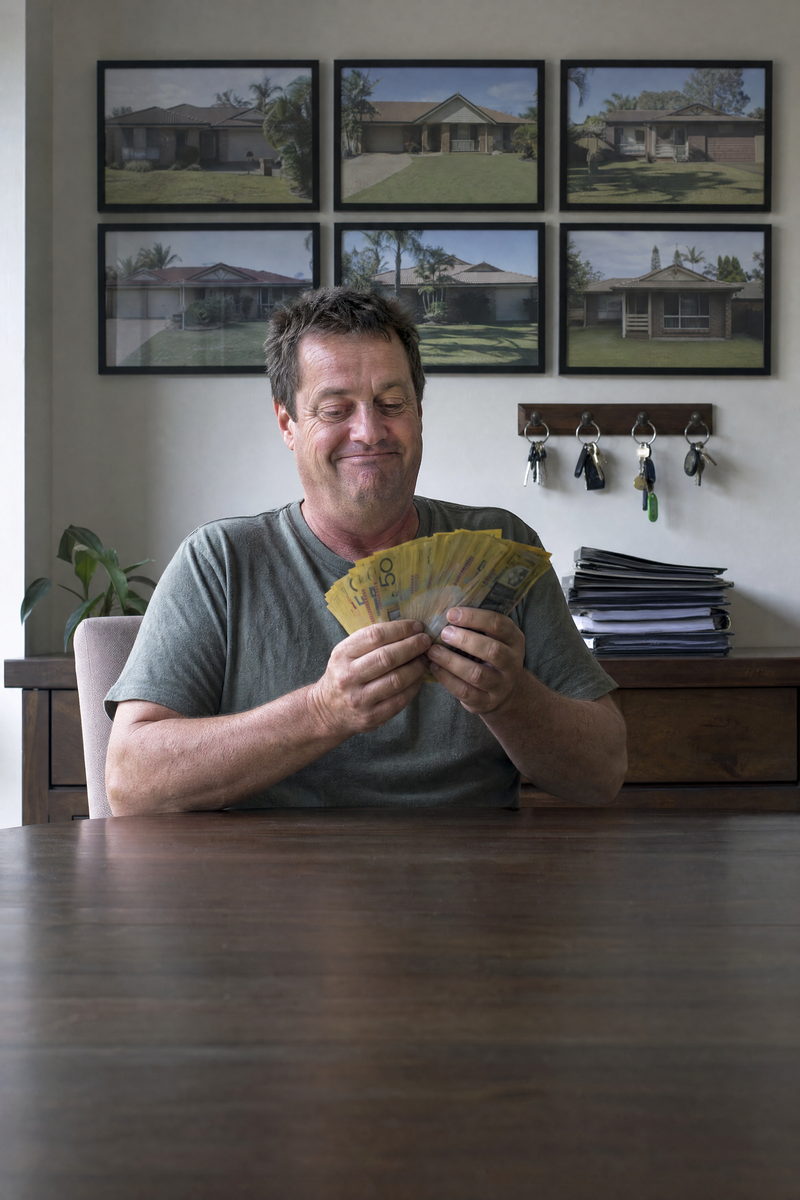 A landlord at a dining table counting a fan of fifty dollar notes, framed photographs of six rental houses and a row of key sets on the wall behind him