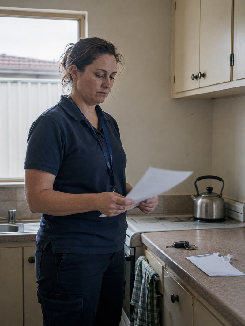 A woman in a work uniform standing in a dated rental kitchen reading a letter, car keys and a torn envelope on the bench beside her