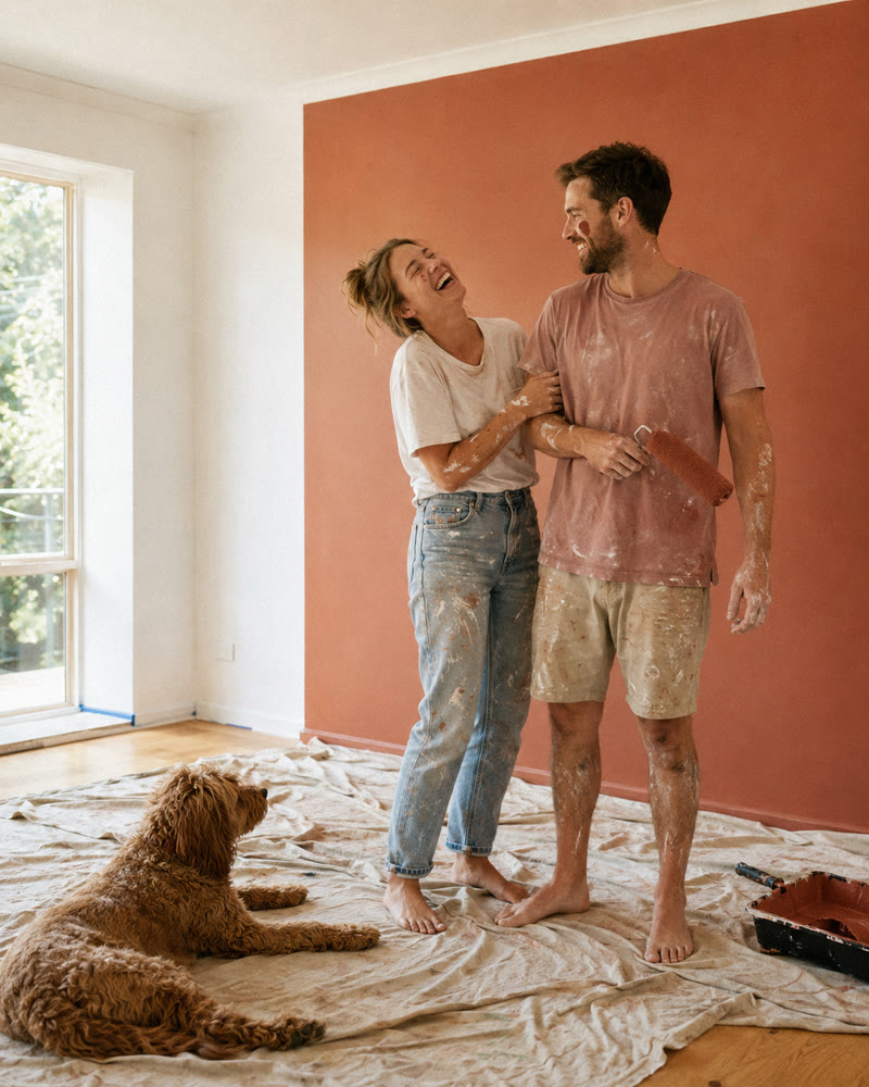 A couple laughing together in paint-splattered clothes in front of a freshly painted clay red wall, their dog lying on the drop sheet beside them