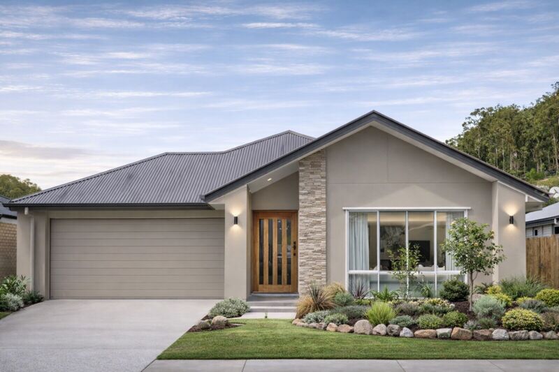 Natural earth-tone facade with timber door and stone accent